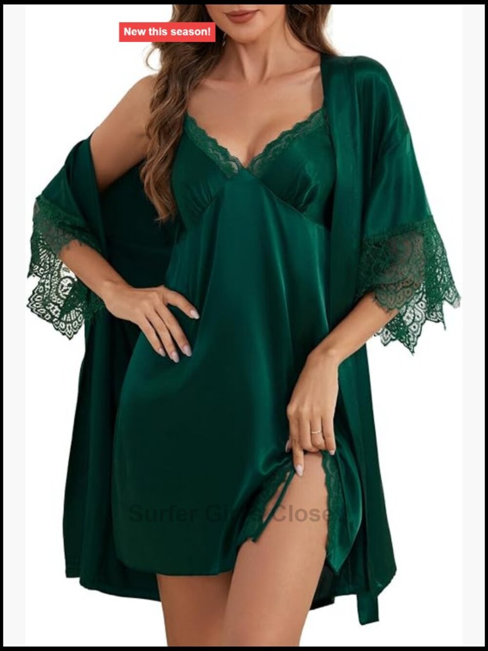 Silk Satin 2 Piece Pajama Set Chemise Nightgown with Lace Trim Robe